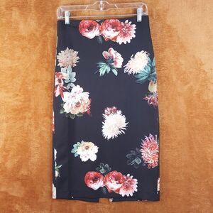 CATHERINE MALANDRINO Womens Skirt Size 4 Black Floral Midi Pencil Big Flower